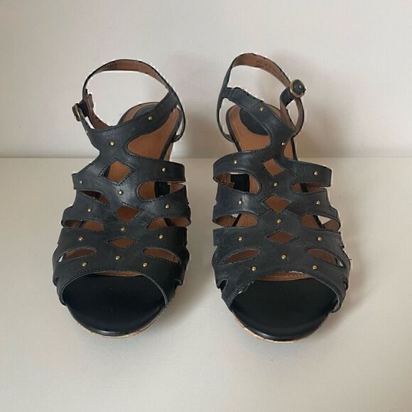 Clarks Artisan Wedge Heels Black Leather Sandals Slingback Size 10 Shoes - Picture 6 of 11